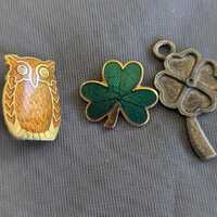 Vintage Owl & Shamrock Pin Lot – Enamel Lucky Clover Brooches Set of 3 Collectible Pins