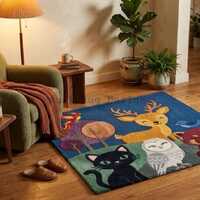 Hand Tufted Forest Animals Rug, Cute Deer Owl Cat Nursery Carpet, Woodland Kids Room Decor, Custom W