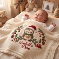 Personalized Christmas Baby Blanket, Embroidered Woodland Owl Knit, Custom Name Newborn Keepsake, Ho