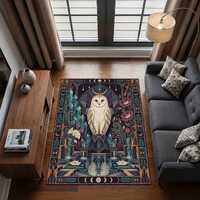 Celestial Owl Area Rug, Crystal Botanical Gothic Carpet, Dark Academia Moon Decor, Witchy Bird Rug, 