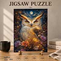 Autumn Moon Owl Jigsaw Puzzle, Moonlit Owl Portrait Art, Elegant Wildlife Artwork, Gift For Owl Love