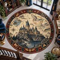Wizard School Rug: Magic Castle Owl Fantasy Map Vintage Witchcore Round Carpet Room Decor
