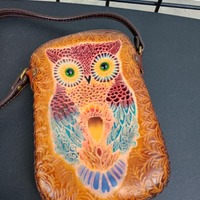 Tooled Leather Crossbody Mini Bag: Owl motif, Leather Strap, Zipper Top