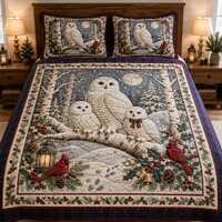 Snowy Owl Winter Quilt Bed Set, Rustic Holiday Bedding