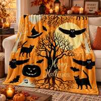 Halloween Black Cat Blanket, Witch Owl Flannel Throw, Pumpkin Moon Spooky Blanket, Witchy Fall Home 