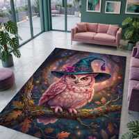 Witchy Owl Area Rug, Magical Forest Fantasy Carpet, Pink Cute Owl Living Room Rug, Whimsical Gothic 