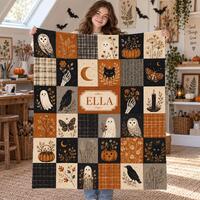 Personalized Halloween Flannel Blanket,Custom Name Ghost Owl Black Cat Throw,Vintage Cottagecore Fal