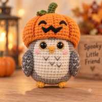 Crochet Owl Plush with Pumpkin Hat, Cute Amigurumi Owl, Halloween Stuffed Toy, Spooky Fall Decor, Ow