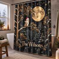 Personalized Christmas Owl Shower Curtain: Custom Family Name Winter Full Moon Bathroom Decor
