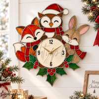 Woodland Friends Wall Clock Stained Glass Fox Owl Bunny Decor, Cute Christmas Gift for Kids Room