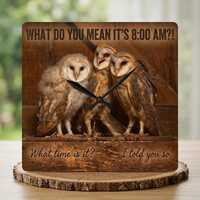 Funny Barn Owl Wall Clock | Cute Bird Lover Gift for Mom | Wake Up Meme Farmhouse Decor | Rustic Owl