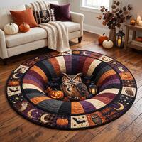 Halloween Owl Round Rug, Spooky Owl Area Rug, Pumpkin Moon Halloween Decor, Gothic Fall Floor Rug, W