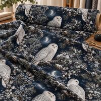 Snowy Owl Fabric by the Yard, Moonlit Winter Woodland Pine Celestial Botanical Sewing Textile