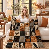 Personalized Halloween Blanket, Vintage Ghost Owl and Black Cat Throw, Cozy Pumpkin Plaid Decor, Spo