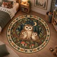 Woodland Owl Round Rug, Cute Forest Owl Family Rug, Cottagecore Nursery Decor