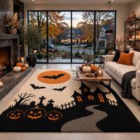 Halloween Haunted House Rug, Bats, Pumpkins, Owl, Graveyard (Cream, Black, Orange)