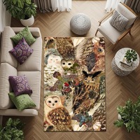 Woodland Owl Printed Rug, Rustic Forest Bird Pattern Carpet, Barn Owl Flora Floor Rug, Cozy Cabin Fl