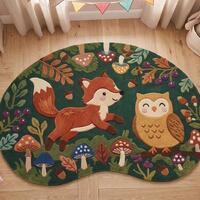 Woodland Nursery Rug, Fox and Owl Hand-Tufted Wool Carpet, Cute Forest Animal Kids Room Decor, Green