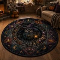 Halloween Witch Owl Quilted Round Rug, Spooky Night Area Rug