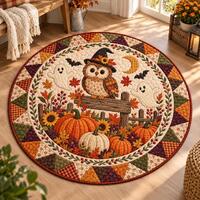 Witch Owl & Friendly Ghosts Round Quilted Rug, Spooky Halloween Area Rug, Cute Owl Ghost Fall Ho