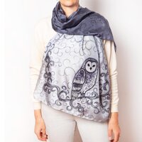 Owl Hand Painted Silk Scarf Bird Print Grey Long Shawl Owl Christmas Gift 70X22