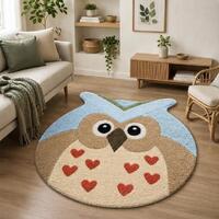 Hand Tufted Owl Rug, Cute Animal Area Rug, Blue Brown Heart Accent Rug, Kids Nursery Room Decor Whim