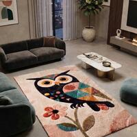 Handmade Owl Area Rug, Colorful Floral Animal Rug, Boho Nursery Rug, Whimsical Living Room Carpet, C