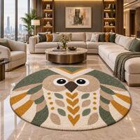 Hand Tufted Wool Owl Rug, Round Animal Rug, Boho Nursery Decor, Kids Room Rug, Nature Inspired Home 