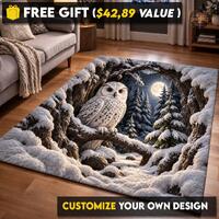3D White Owl Area Rug, Winter Night Moon Runner Rug, Pine Tree Hole Kitchen Mat, Forest Bird Doormat