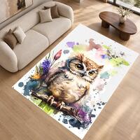 Watercolor Owl Area Rug, Colorful Woodland Bird Carpet, Non-Slip Machine-Washable