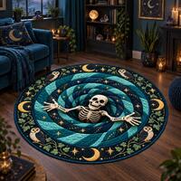 Teal Skeleton Moon Rug, Owl Celestial Halloween Round Rug, Blue Spiral Quilt Optical Illusion Carpet