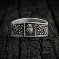 925 Silver Owl Ring, Oxidized Nocturnal Bird Wide Band, Floral Engraved Forest Animal Jewelry, Heavy