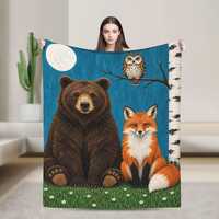 Woodland Bear Fox Owl Fleece Blanket, Full Moon Forest Animals Throw (300g Flannel)