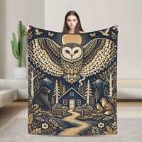 Gold Celestial Owl Fleece Blanket, Mystical Forest Cabin Throw, Cottagecore Gift