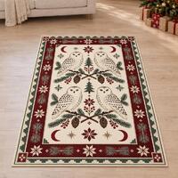 Snowy Owl Christmas Rug with Burgundy Moon Details, Digitally Printed Festive Living Room Decor