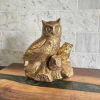 Vintage Mid Century 7” Brass Owl Family Figurine Statue, Mama and Babies
