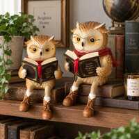 Hand-Painted Reading Owl Figurine with Book & Glasses, Dangling Legs Owl Statue, Owl Shelf Sitte