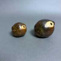 Vintage Handmade Stoneware Pottery Owl Pair Brown with Gold Accents
