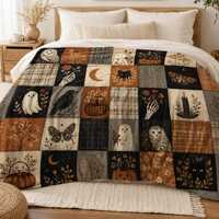 Vintage Halloween Flannel Blanket, Patchwork Ghost Owl Black Cat Throw,Pumpkin Crow Moth Fall Decor,