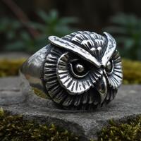 Statement Owl Ring, 925 Sterling Silver Oxidized Vintage Style Adjustable