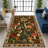 Woodland Animal Rug: Deer Rabbit Owl Hedgehog, Floral Mushroom Forest, Green Botanical Nature Carpet