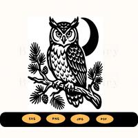 Owl SVG, Owl Moon Pine Branch PNG, Laser Cut File, Papercut Owl Clipart, Cricut Silhouette Glowforge