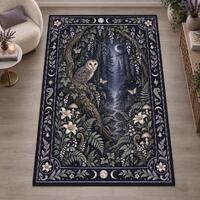 Moonlit Owl Area Rug, Botanical Forest with Lilies and Celestial Border