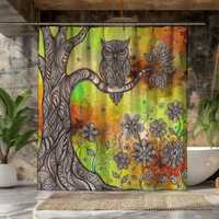 Folk Art Shower Curtain Owl Tree Branch Whimsical Floral Scandinavian Bathroom Decor