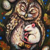 Owl and mouse original canvas painting, Owl wall art, Owl gift, Enchanted forest, Owl nursery room a