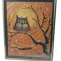 Vintage MCM 1960s framed painting two owls by Matson
