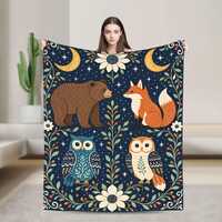 Celestial Forest Animals Fleece Blanket, Folk Art Owl Bear Fox Throw, Midnight Blue Cozy Gift Throw