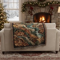 Autumn Riverstone Woven Cotton Blanket, Woodland Fox Owl Throw, Fall Forest Tapestry