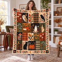 Vintage Halloween Flannel Blanket,Patchwork Ghost Owl Black Cat Throw,Pumpkin Crow Fall Home Decor,S
