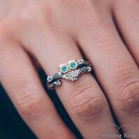 Gold Owl Ring Fairy Silver Tree Branch with Emeralds and Bird Mixed Metal